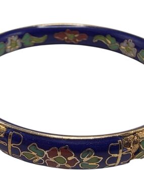 Vintage Cloisonne Enamel Hinged Bangle Bracelet Cobalt Blue Floral Flower 7.25"